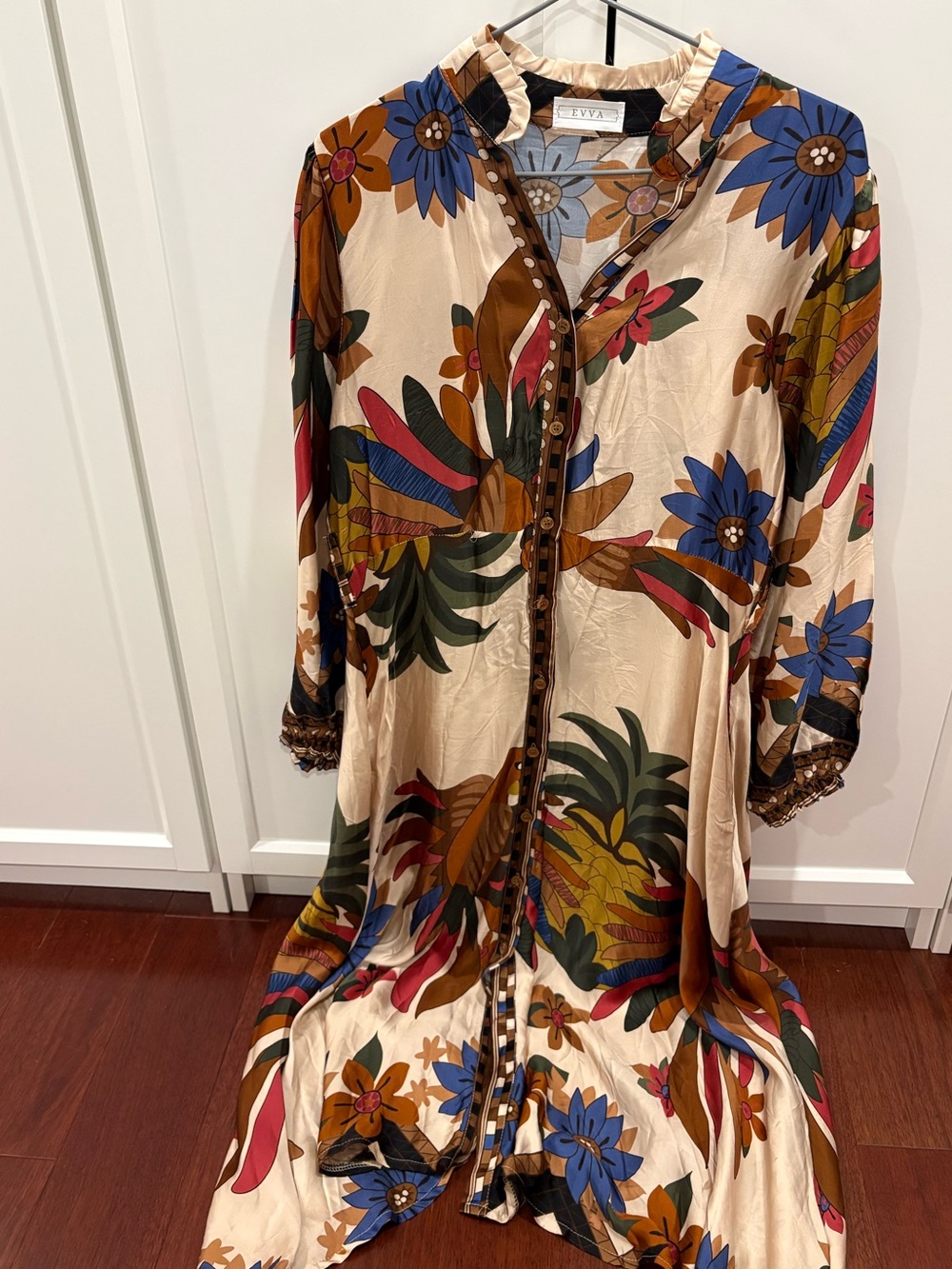 Cream Floral Button-Front Long Sleeve Midi Shirt Dress